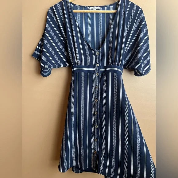 Charlotte Russe Blue & White Vertically Striped Button-Up Dress W/ Waist Tie. S. - Picture 3 of 14